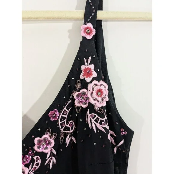 Y2K Floral Embroidered Handkerchief Hem Slip Dress Black Size 12 Bias Cut Fairy - Picture 4 of 9